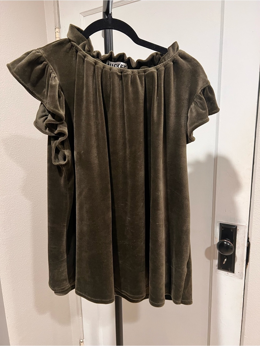 BUCKETLIST Olive Green Velvet Ruffle Sleeve Tunic